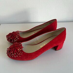 NWOB Anne Klein "Happy" Red Suede Block Heel with Pom Accent Size 7.5M